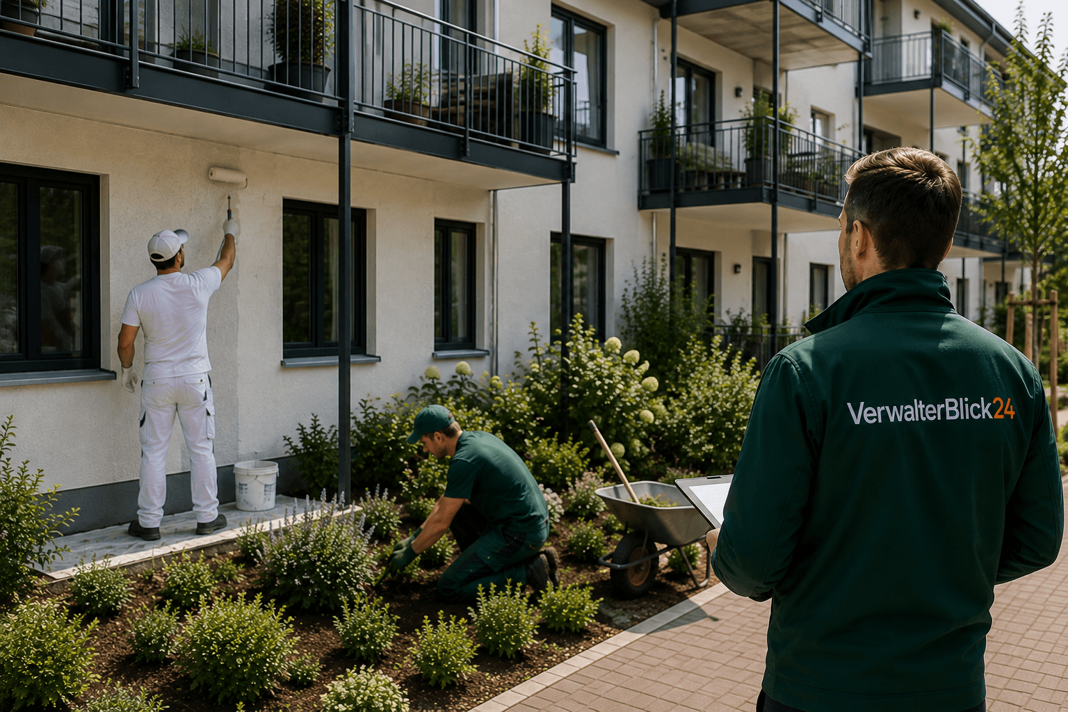 Mitarbeiter von VerwalterBlick24 bei Fassaden- und Gartenarbeiten an einer Wohnanlage