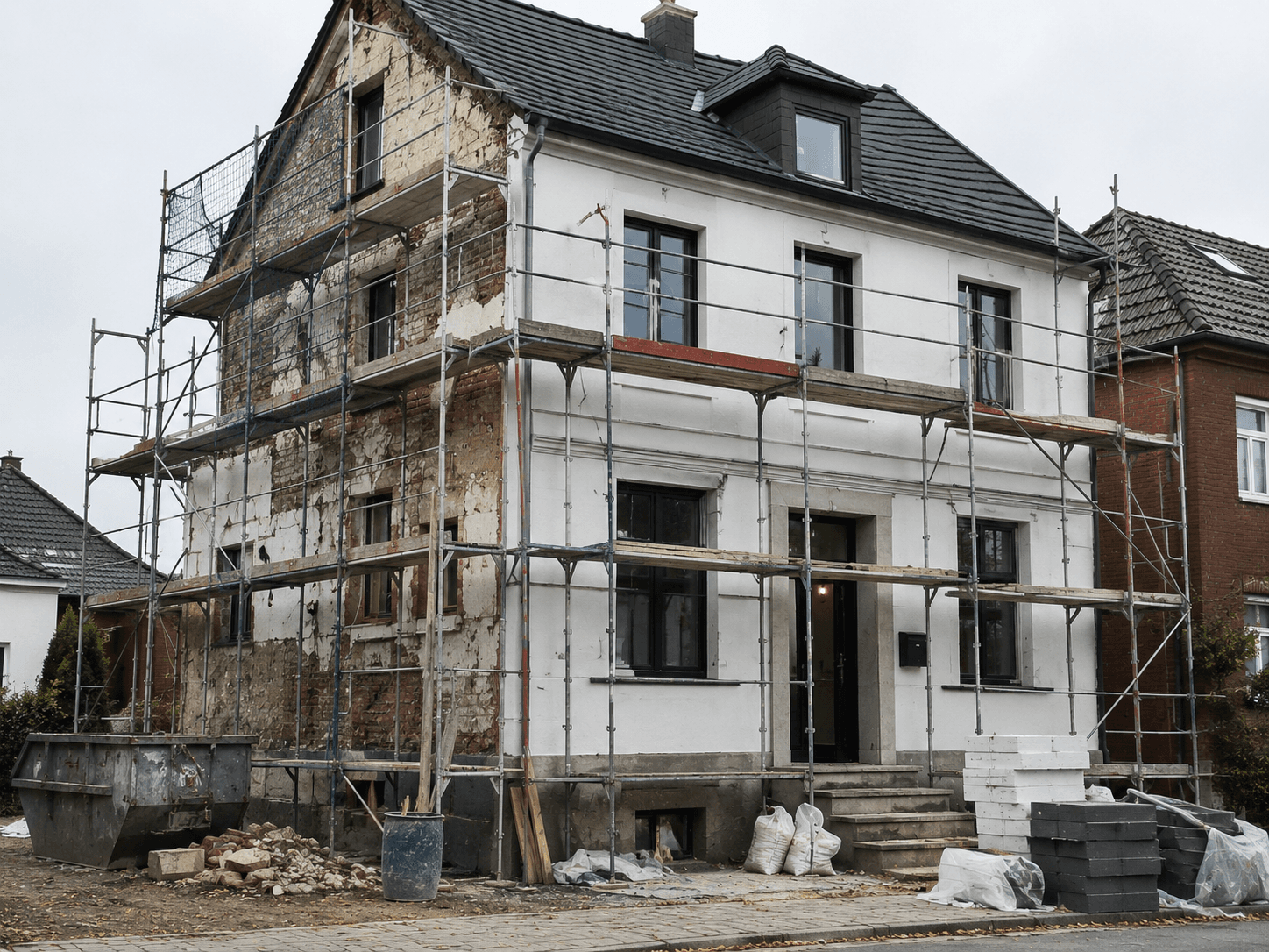 Eingerüstetes Wohnhaus während der Fassadensanierung – halb abgeschlagen, halb neu verputzt
