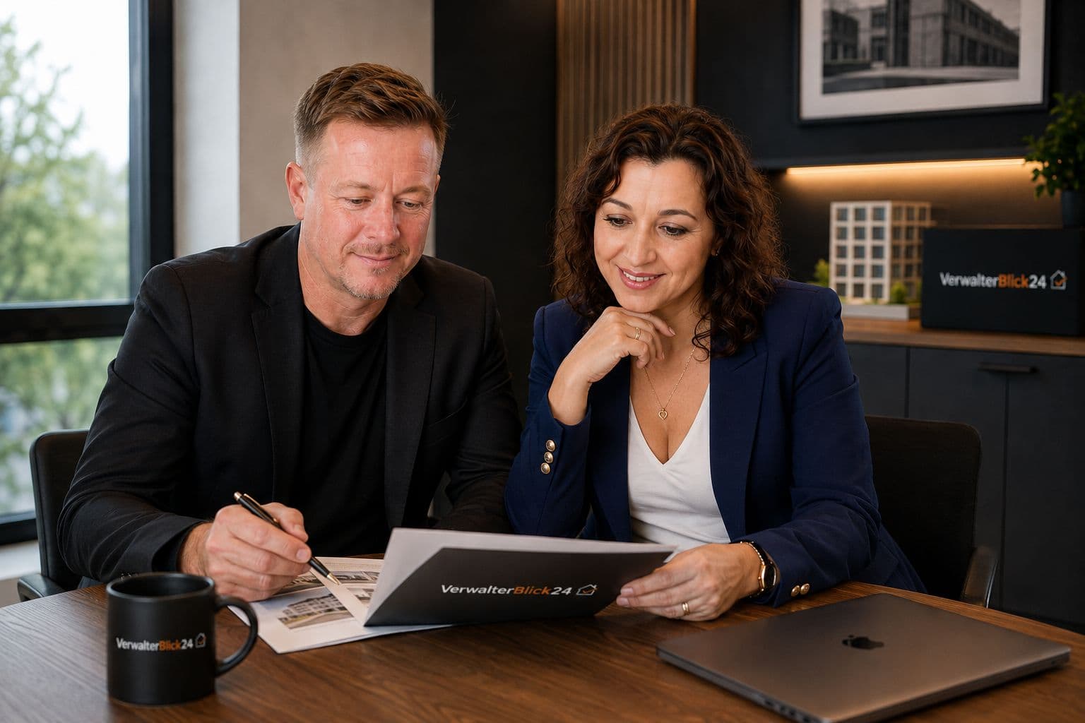 Elena Maurer und Alexander Weigel besprechen Unterlagen am Besprechungstisch